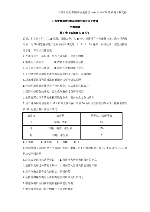 山东潍坊2018年初中学业水平考试