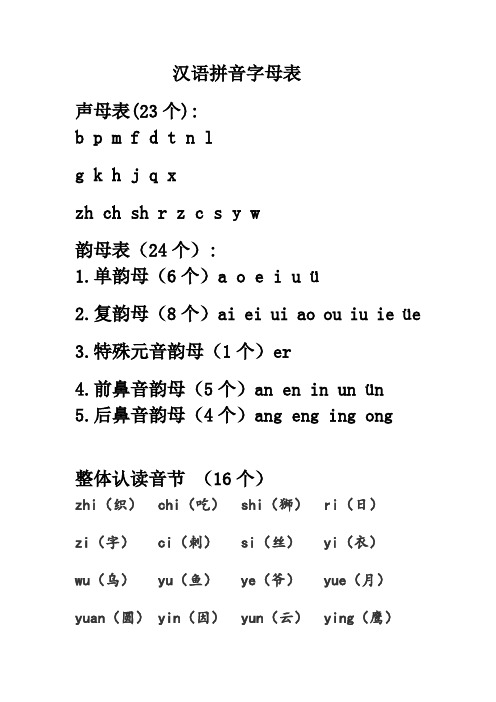 一年级语文汉语拼音字母表及读法