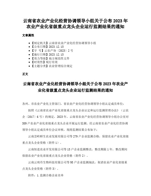 云南省农业产业化经营协调领导小组关于公布2023年农业产业化省级重点龙头企业运行监测结果的通知