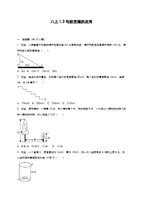 最新2019-2020年度北师大版八年级数学上册《勾股定理的应用》同步练习题及答案解析-精品试题