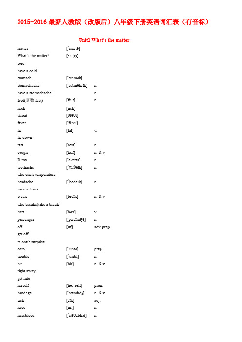 2015-2016学年度最新人教版(改版后)八年级下册英语词汇表(有音标)