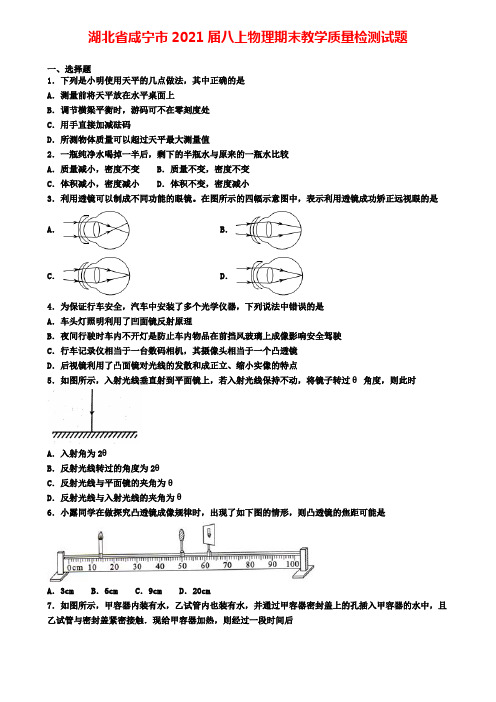 湖北省咸宁市2021届八上物理期末教学质量检测试题