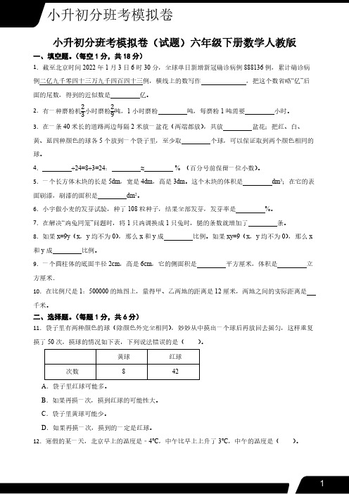 小升初分班考模拟卷(试题)2023-2024学年六年级下册数学人教版(含答案)