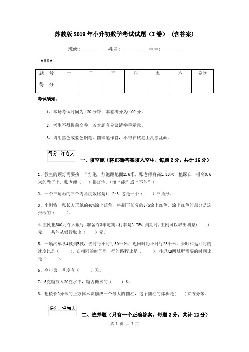 苏教版2019年小升初数学考试试题(I卷) (含答案)