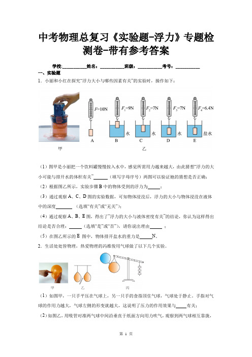 中考物理总复习《实验题-浮力》专题检测卷-带有参考答案