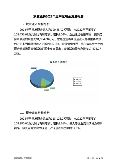 002662京威股份2023年三季度现金流量报告