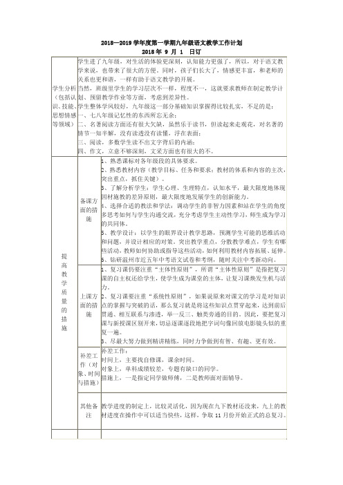 2018—2019学年度第一学期九年级语文教学工作计划