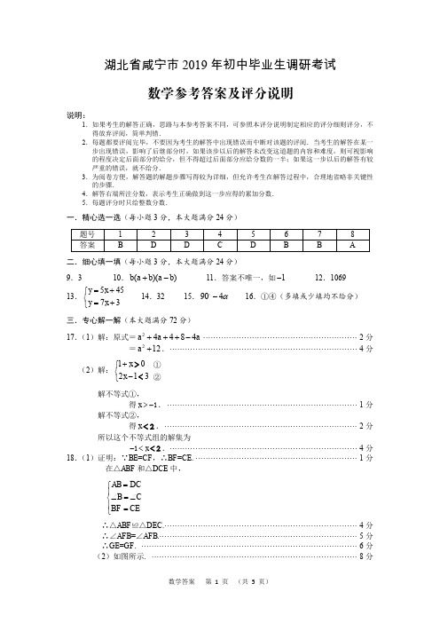 [首发]湖北省咸宁市2019届九年级下学期初中毕业生调研考试数学试题答案