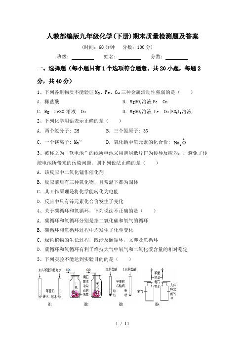 人教部编版九年级化学(下册)期末质量检测题及答案