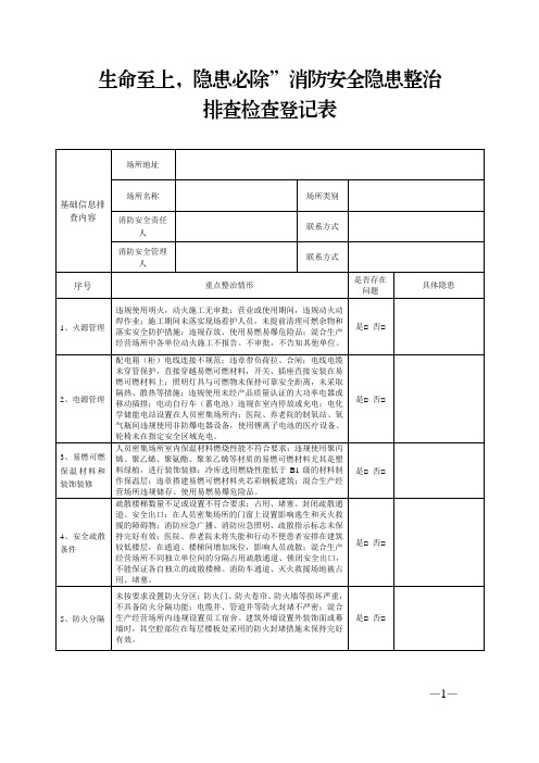 生命至上,隐患必除”消防安全隐患整治排查检查登记表