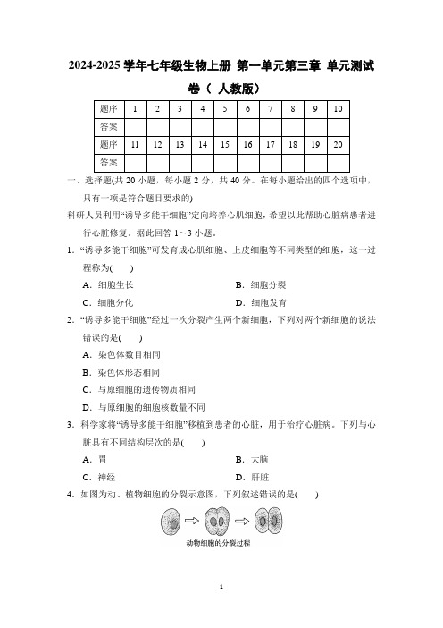 2024-2025学年七年级生物上册 第一单元第三章 单元测试卷( 人教版)