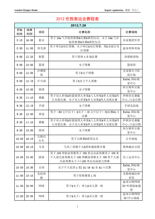 2012伦敦奥运会赛程表