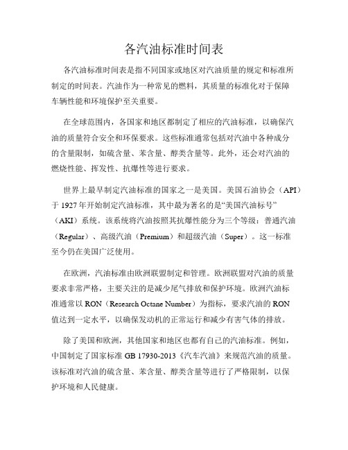 各汽油标准时间表