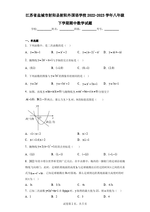 江苏省盐城市射阳县射阳外国语学校2022-2023学年八年级下学期期中数学试题