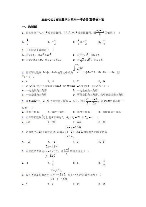 2020-2021高三数学上期末一模试卷(带答案)(5)