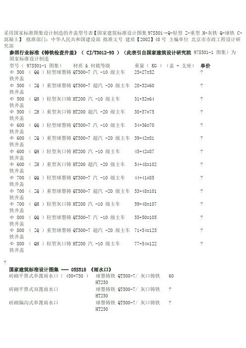 采用国家标准图集设计制造的井盖型号及重量表