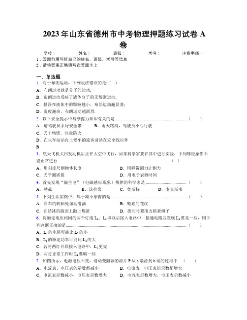 2023年山东省德州市中考物理押题练习试卷A卷及解析