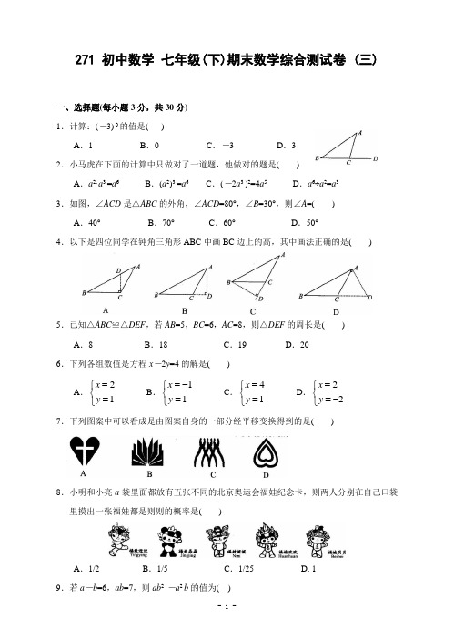 271 初中数学 七年级(下)期末数学综合测试卷(三)及答案