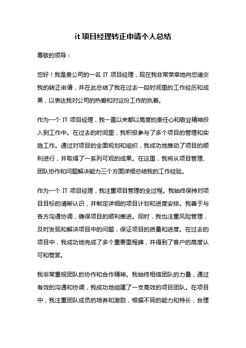 it项目经理转正申请个人总结