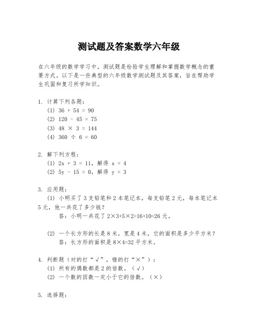 测试题及答案数学六年级