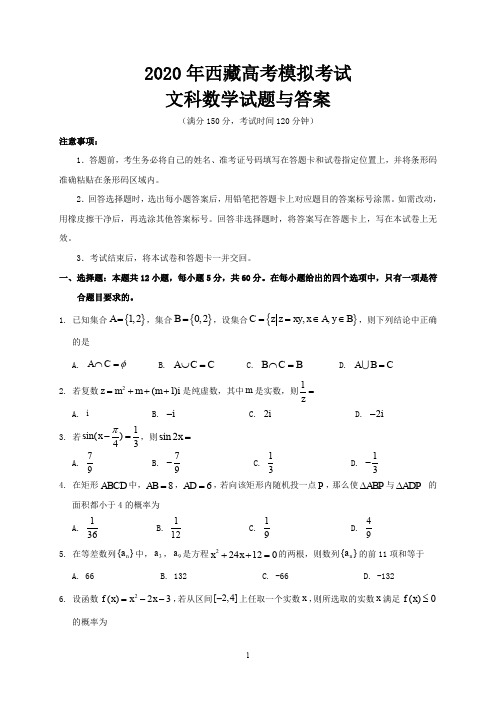 2020年西藏高考模拟考试文科数学试题与答案