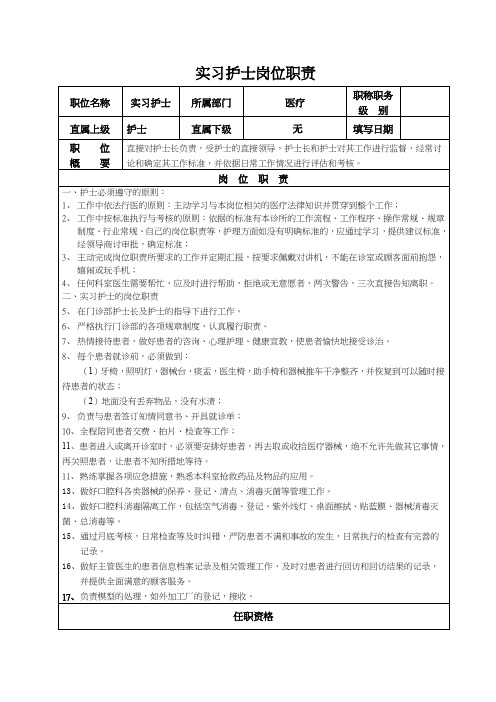 口腔诊所实习护士岗位职责