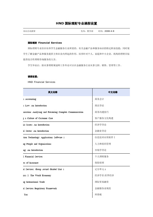 HND国际理财专业课程设置