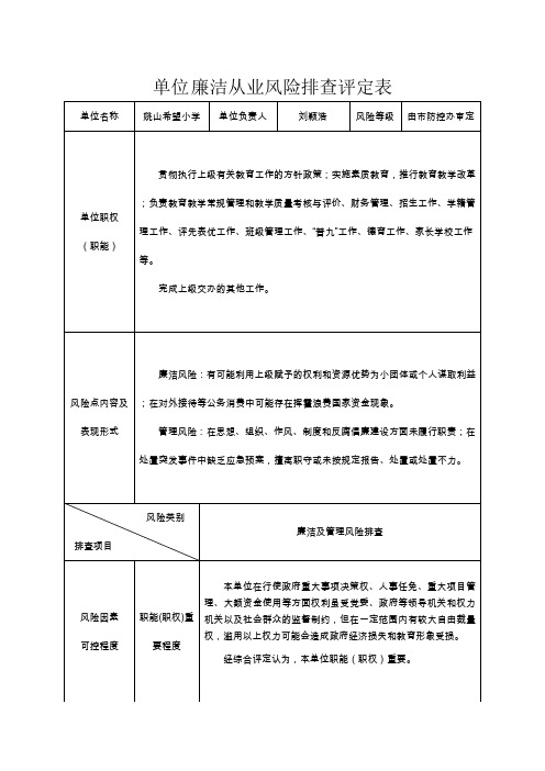 姚山小学廉洁从业风险排查评定表(样表)