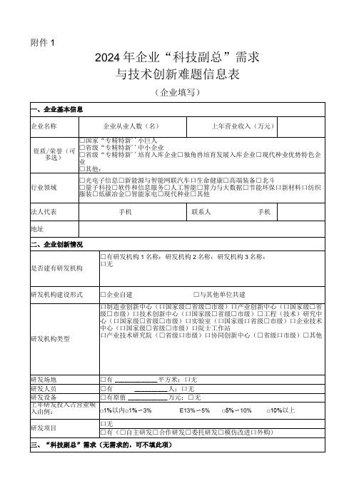 2024年企业“科技副总”需求与技术创新难题信息表(企业填写)