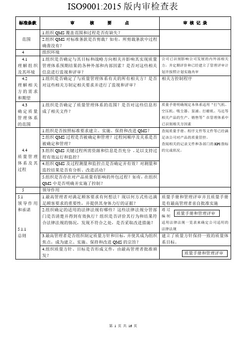 ISO9001-2015版《质量管理体系》内审检查表