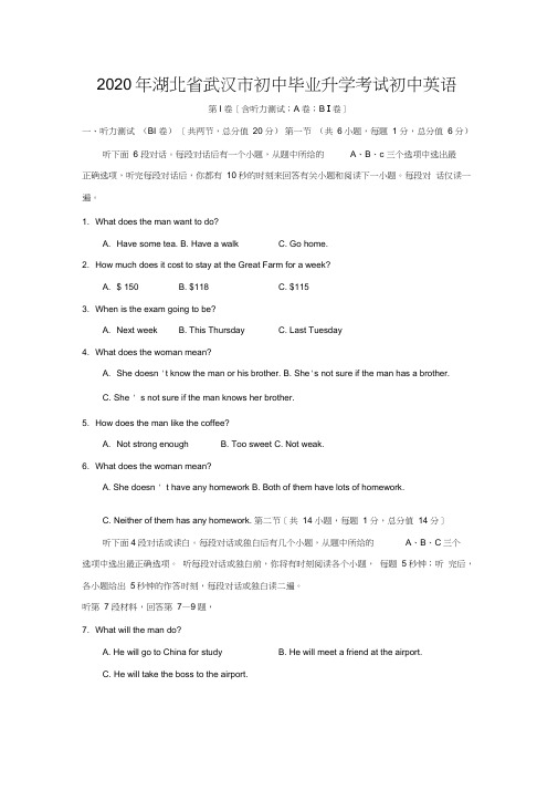 2020年湖北省武汉市初中毕业升学考试初中英语