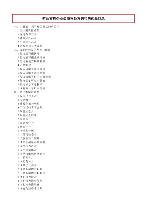 药品零售企业必须凭处方销售的药品目录