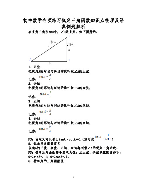 初中数学专项练习锐角三角函数知识点梳理及经典例题解析