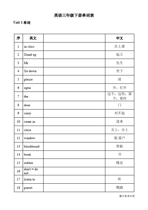 苏教版三年级下册英语单词表