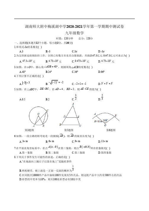 湖南师大附中梅溪湖中学2020-2021学年第一学期期中测试卷 九年级数学 (含参考答案)