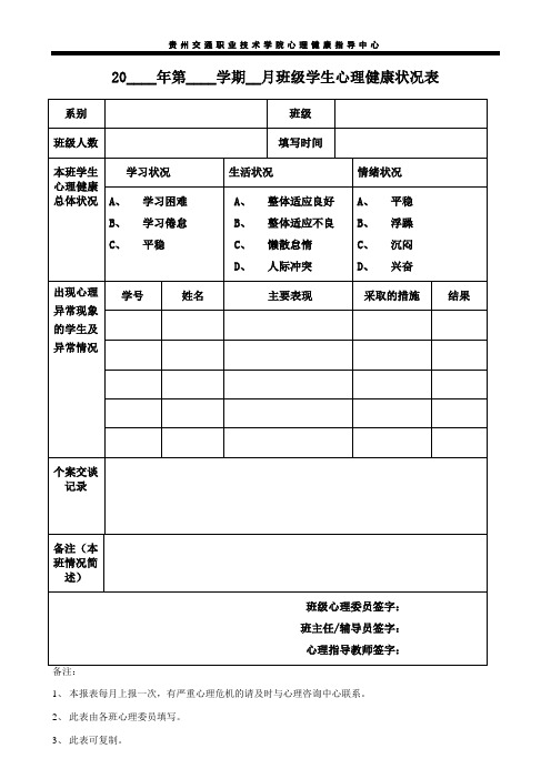 班级学生心理健康状况表