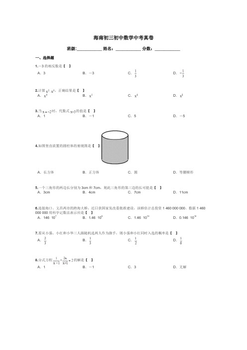 海南初三初中数学中考真卷带答案解析
