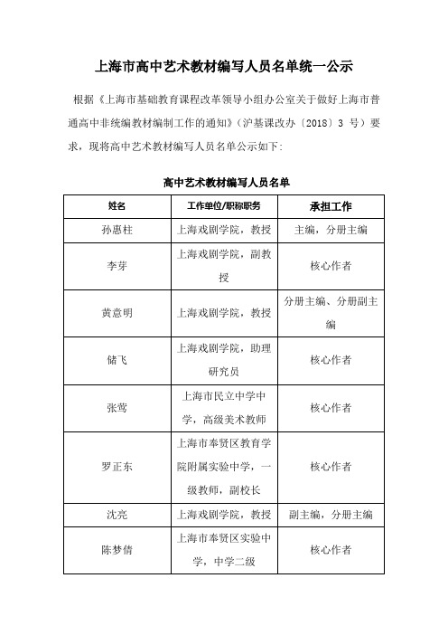 上海市高中艺术教材编写人员名单统一公示