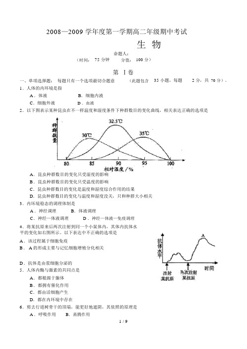 2008—2009学年度第一学期高二年级期中考试