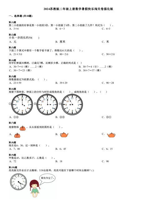 2024苏教版二年级上册数学暑假快乐闯关卷强化版