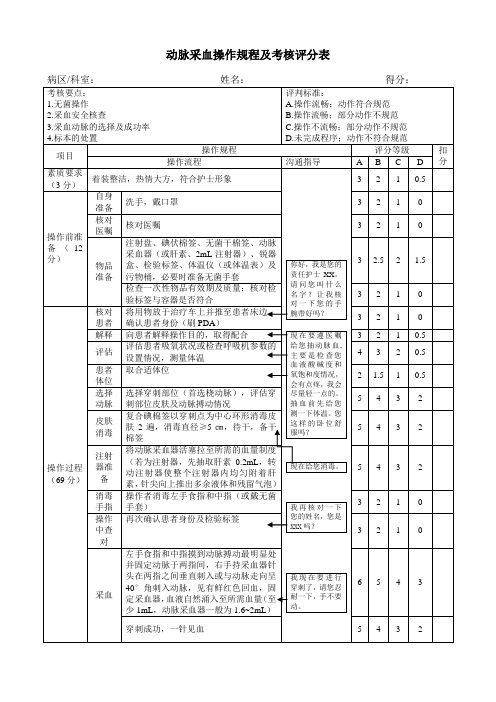 动脉采血操作规程及考核评分表