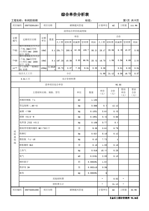 车间消防 排烟综合单价分析表