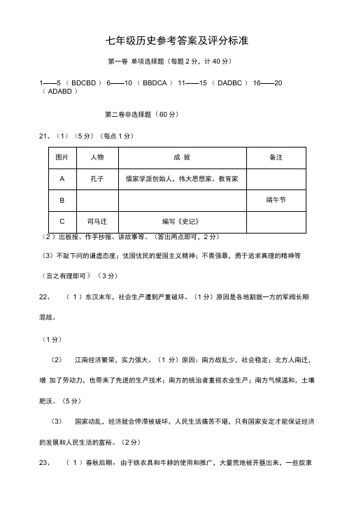 七年级历史参考答案及评分标准.doc