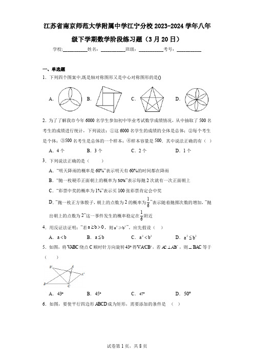 江苏省南京师范大学附属中学江宁分校2023-2024学年八年级下学期数学阶段练习题(3月20日)