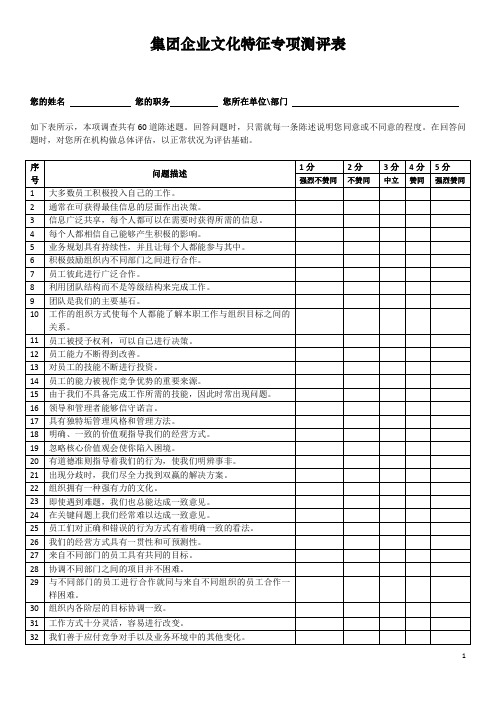 企业文化特征专项测评表