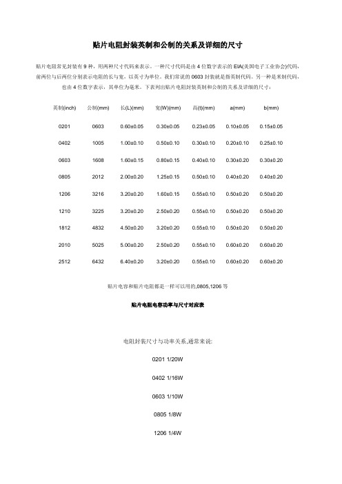 贴片电阻封装英制和公制的关系及详细的尺寸