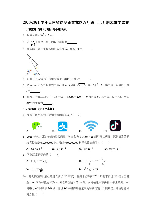 2020-2021学年云南省昆明市盘龙区八年级(上)期末数学试卷(含解析)