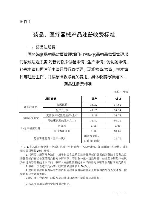 药品、医疗器械产品注册收费标准