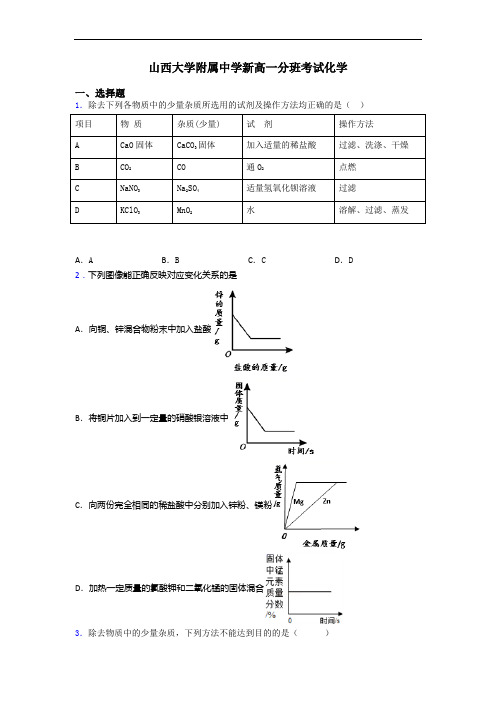 山西大学附属中学新高一分班考试化学