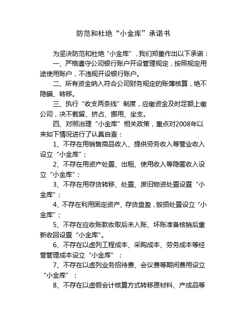 防范和杜绝小金库承诺书滨海公司